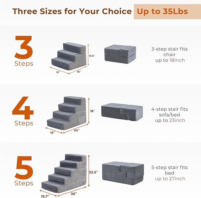 HYLEORY Dog Stairs for Bed 13.5''H, 3-Step Pet Stairs for Small Dogs Cats, Sturdy Pet Steps with Non-Slip Bottom, Functional Portable Dog Ramp for Couch/Chair/Sofa/Car, Storage Pocket, Grey-Light Grey
