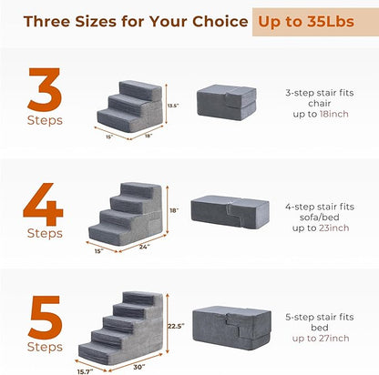 HYLEORY Dog Stairs for Bed 13.5''H, 3-Step Pet Stairs for Small Dogs Cats, Sturdy Pet Steps with Non-Slip Bottom, Functional Portable Dog Ramp for Couch/Chair/Sofa/Car, Storage Pocket, Grey-Light Grey