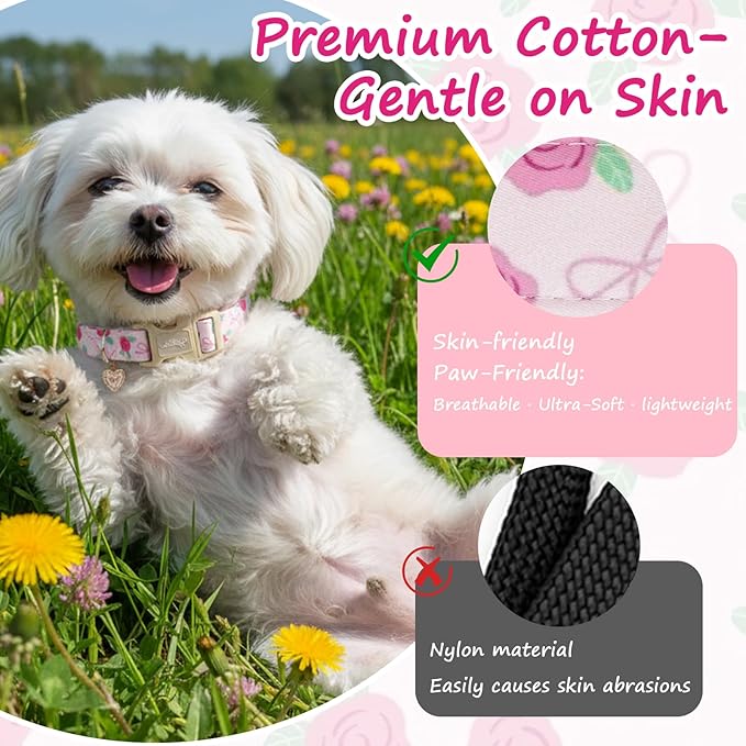 Dog Collars for Small Dogs, Adjustable Pink Dog Collars with Rose Pattern, Cute Dog Collar for Dogs Spring Summer Collars for Girl Boy Dog-S