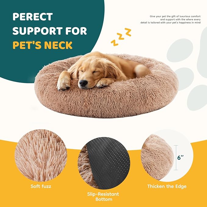 NEWBULIG 37.4x37.4 Inch Dog Bed Large Sized Dog, Donut Shape Cat Beds for Indoor Cats with Washable, Anti-Slip, Faux Fur