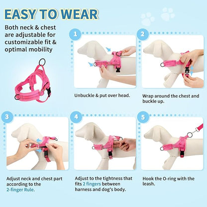 Lukovee No Pull Dog Harness and Leash Set, Soft Padded Small Dog Harness, Neck & Chest Adjustable Reflective Vest Puppy Harness with 4ft Lightweight Anti-Twist Dog Leash for Small Dogs (Pink, Large)