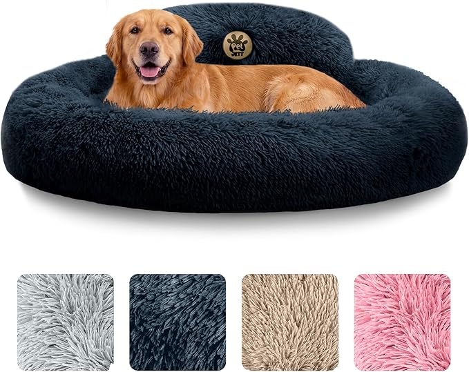 PetJett Calming Dog Beds Large Sized Dog - 36'' Round Bed, Anti-Slip & Washable Super Soft Donut Bed, Fluffy Faux Fur Anti-Anxiety Premium Comfort Pet Bed, Fits Dogs up to 80 lbs - Dark Grey
