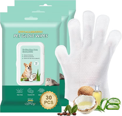CHPPEY Pet Cleaning and Deodorizing Bathing Grooming Glove Wipes for Dogs and Cats, Extra Thick Nourish Fur No-Rinse Grooming Wipes for Daily Care and Travel, Hypoallergenic, 30 pcs