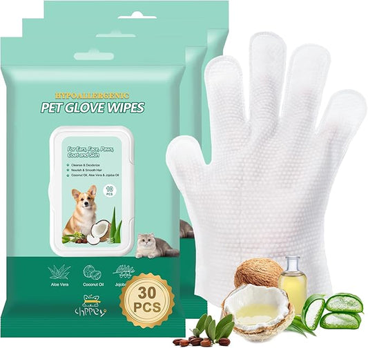 CHPPEY Pet Cleaning and Deodorizing Bathing Grooming Glove Wipes for Dogs and Cats, Extra Thick Nourish Fur No-Rinse Grooming Wipes for Daily Care and Travel, Hypoallergenic, 30 pcs