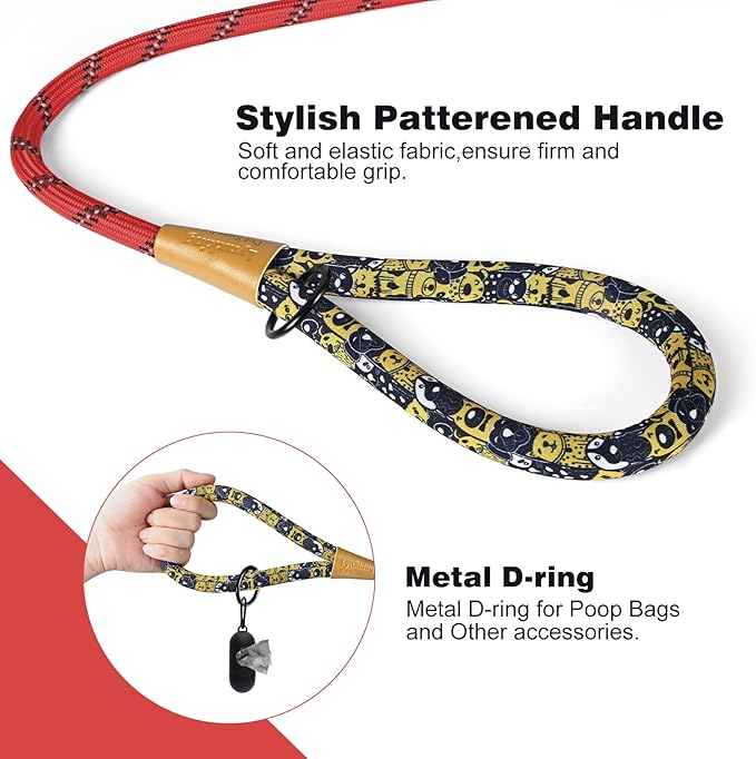 lynxking Rope Dog Leash 6 FT with Comfortable Padded Handle, Highly Reflective Threads Leash for Small Medium Large Dogs (Red, Small 3/8in x 6ft-Rope Clasp)