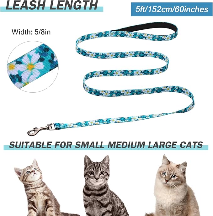 Hikiko Cat Harness and Leash Set Escape Proof Adjustable Walking Travel Cute Girl Kitten Harness for Small Medium Large Cats (Green Flower, S)