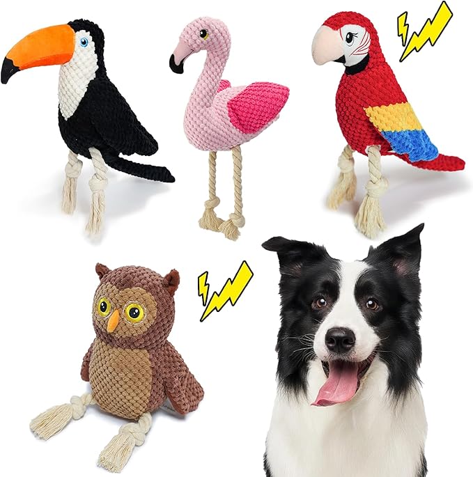 4-Pack Squeaky Dog Toys for Aggressive Chewers Durable Rope Tug Stuffed Plush Dog Puppy Toys for Small Medium Large Breed Flamingo, Parrot, Toucan, Owl Puppy Chew Toys Set Holiday Birthday Dog Gift
