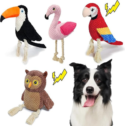 4-Pack Squeaky Dog Toys for Aggressive Chewers Durable Rope Tug Stuffed Plush Dog Puppy Toys for Small Medium Large Breed Flamingo, Parrot, Toucan, Owl Puppy Chew Toys Set Holiday Birthday Dog Gift