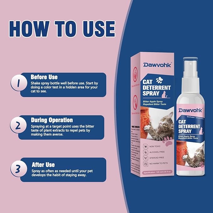 Dawvohk Bitter Apple Cat Repellent Spray - Natural Anti-Scratch Spray for Furniture Protection: Sofas, Carpets, Curtains — Indoor and Outdoor Cat Behavior Training, 4.06 oz(120ml)/1PC