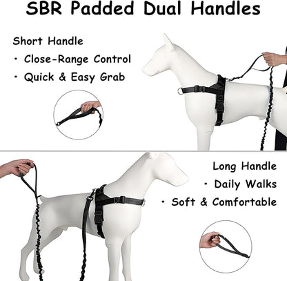 Bungee Dog Leash with Shock Absorption, Dual Handles for Pull Control, Reflective Nylon, Zinc Alloy Hook, D-Ring for Poop Bags, Black, L