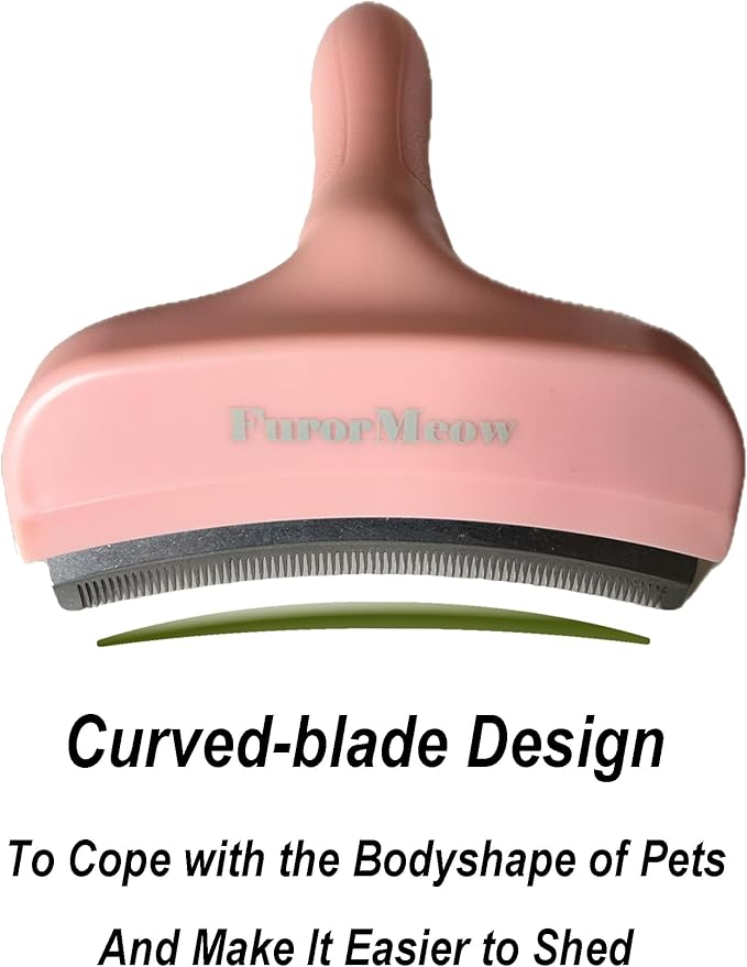 FurorMeow Pet Deshedding Tool with Curve Blade, Cat Grooming Brush, Tight V-shaped Teeth Shedding Comb for Cat and Dog (Pink, Large)