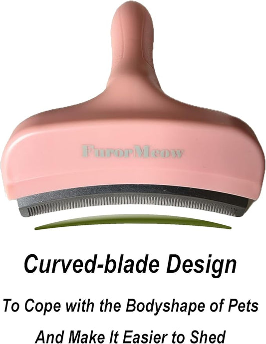 FurorMeow Pet Deshedding Tool with Curve Blade, Cat Grooming Brush, Tight V-shaped Teeth Shedding Comb for Cat and Dog (Pink, Large)