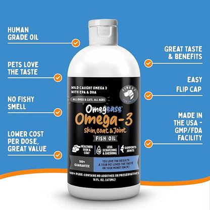 Omega 3 Fish Oil for Dogs & Cats. 100% Natural Wild Caught EPA & DHA Fatty Acids Supplement for Joints, Skin & Coat, Itching, Shedding & Immune Health. Stronger Than Salmon Oil, Omegease 16 oz