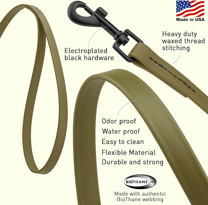 Dogline Biothane Waterproof Dog Leash Strong Coated Nylon Webbing with Black Hardware Odor-Proof Easy to Clean High Performance for Small or Large Dogs Made in USA 4 or 6 ft Lead, Olive Drab Green