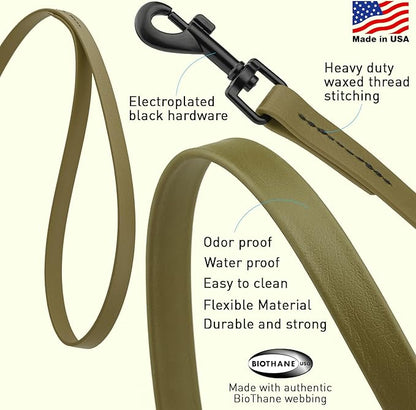 Dogline Biothane Waterproof Dog Leash Strong Coated Nylon Webbing with Black Hardware Odor-Proof Easy to Clean High Performance for Small or Large Dogs Made in USA 4 or 6 ft Lead, Olive Drab Green