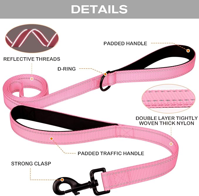 Joytale Dog Leash Heavy Duty for Large Dogs That Pull, Double Handle for Traffic Control, Double-Sided Reflective Leashes for Large Medium Dogs Night Safety, 6FT, Pink