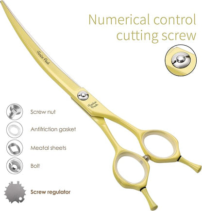 Fenice Peak Curved Dog Grooming Scissors with Yellow Color Coating 440C Stainless Steel Pet Grooming Bending Shears Sharp and Durable Comfortable Engonomic Handle