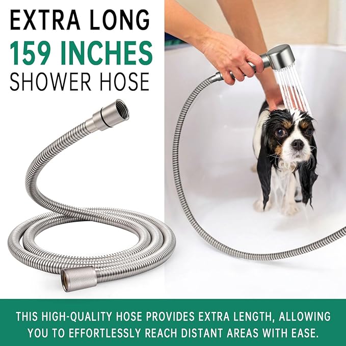 3 Mode Dog Shower Attachment, High Pressure Handheld Sprayer with ON/OFF Switch, Metal Shower Diverter, 159 Inches Stainless Steel Hose, No Drill Hook, for Indoor and Outdoor Pet Bathing and Washing