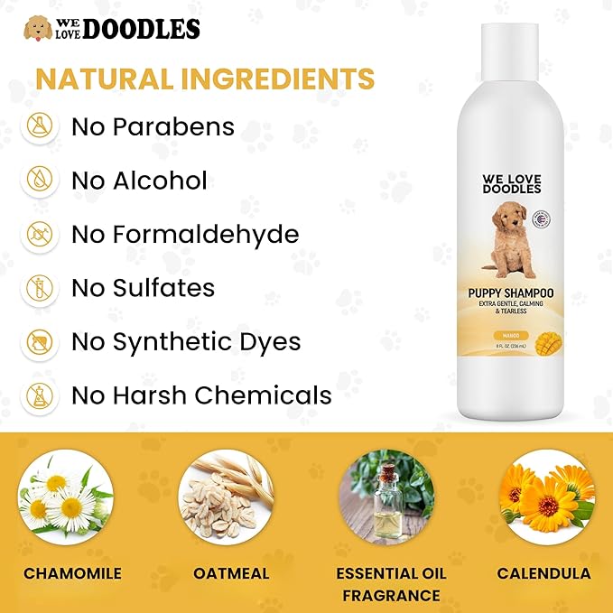 Puppy Shampoo & Conditioner | Made in USA | Tear Free | Best Shampoo for Puppies | Sensitive & Itchy Skin Wash | Oatmeal Bathing | Tearless, Mango, 8oz [We Love Doodles]
