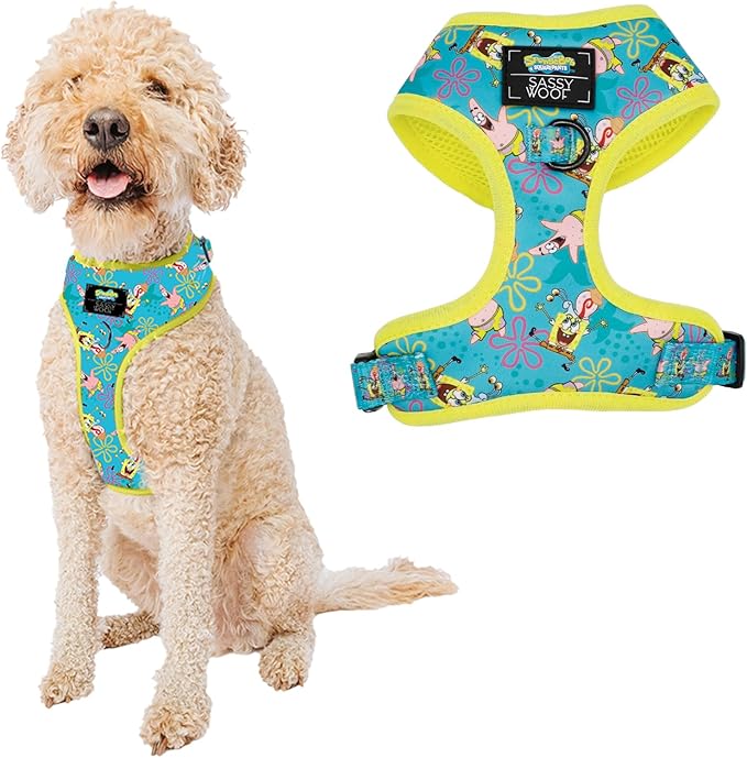 Sassy Woof Dog Adjustable Harness - Spongebob Squarepants™ Jelly Fishin' - L, Breathable Mesh, No Pull Design with Two D-Rings, Patented Design, Ideal for Large Dogs - Officially Licensed