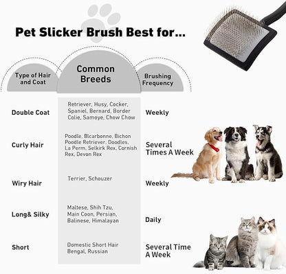 Dog Slicker Brush & Stainless Steel Comb Set for Shedding & Grooming Medium & Large Long or Thick Coated Dogs, Doodles & Cats, 1 Inch Pin Slicker Brush with Ergonomic Wooden Handle, Black