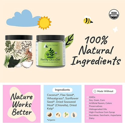 kin+kind Skin and Coat Supplement for Dogs & Cats – Natural Vitamin Supplements with Organic Ingredients for Shiny Fur, Moisturized Skin & Overall Pet Wellness – Dog Essentials & Cat Essentials – 8oz