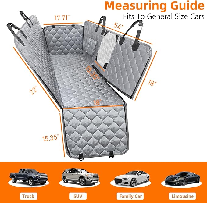 PETICON Dog Car Seat Cover with Mesh Window, 100% Waterproof Pet Seat Cover for Back Seat, Scratchproof Dog Hammock for Cars, Trucks, SUVs, Jeeps (Gray)