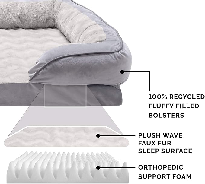 Furhaven Orthopedic Dog Bed for Medium/Small Dogs w/ Removable Bolsters & Washable Cover, For Dogs Up to 35 lbs - Plush & Velvet Waves Perfect Comfort Sofa - Granite Gray, Medium