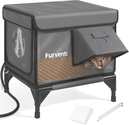Heated Cat House for Outside,Dual Camera Mounts,100% Weatherproof & Extremely Insulated,Elevated Feral Cat Shelter with Escape Door,Waterproof Eaves for Outdoor Stray Barn Cat(Grey,S)