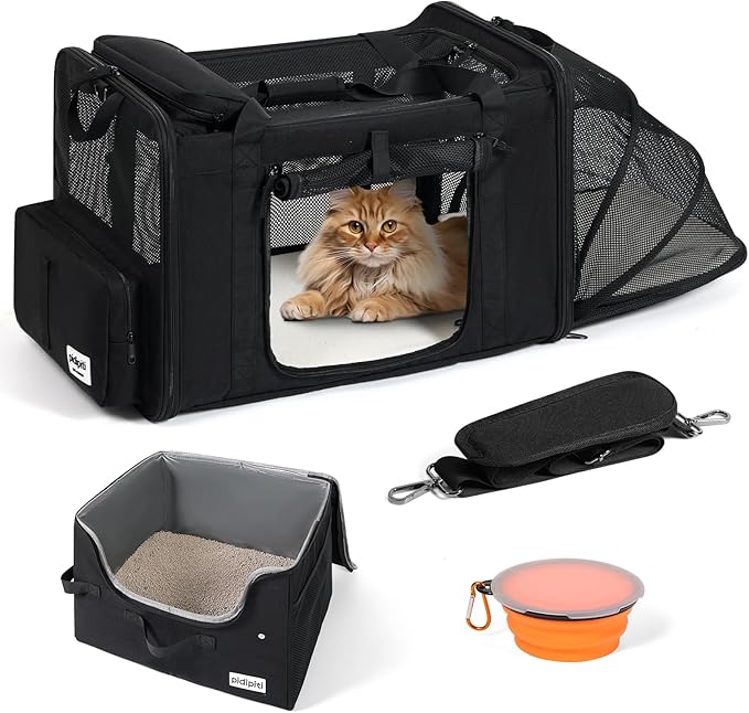 pidipiti 25''(L) x 17''(W) x 17''(H) Extra Large Expandable cat Carrier for car Travel,Soft Crate for 1 Large / 2 Medium Cats up to 35 lbs,Long Road Trip cage with a Leakproof Portable Litter Box