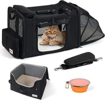 pidipiti 25''(L) x 17''(W) x 17''(H) Extra Large Expandable cat Carrier for car Travel,Soft Crate for 1 Large / 2 Medium Cats up to 35 lbs,Long Road Trip cage with a Leakproof Portable Litter Box