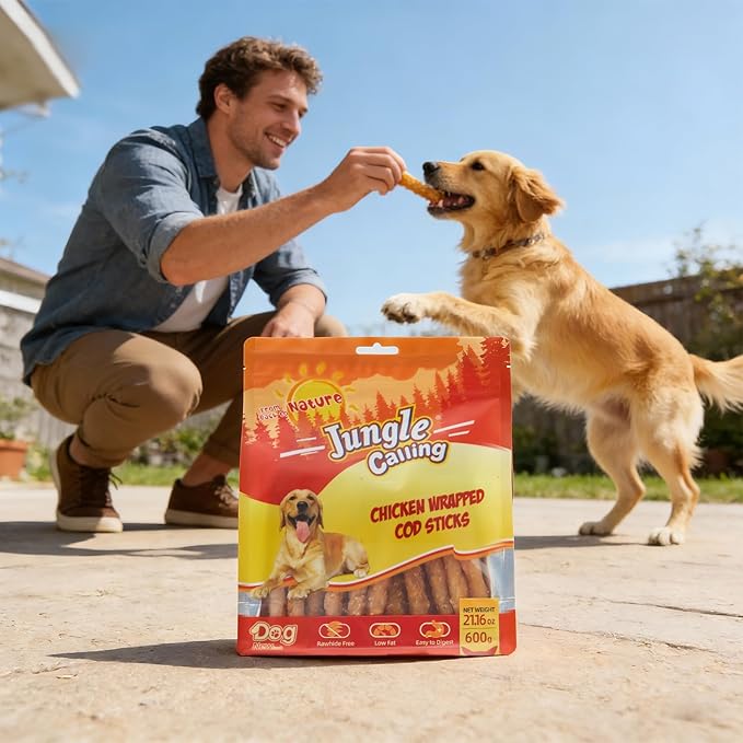Jungle Calling Rawhide Free Dog Treats, Chicken Wrapped Cod Sticks for Dogs, Easily Digestible Long Lasting Dog Chews, Soft Dog Treats for Training Small Medium Dogs, 1.32 lb
