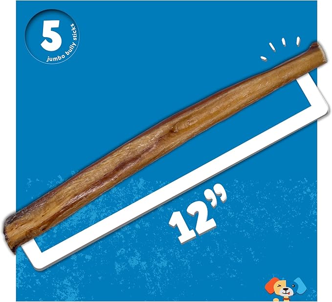 Jack&Pup 12 Inch Jumbo Bully Sticks for Dogs (5 Pack) Single Ingredient Dog Bully Sticks for Large Dogs and Aggressive Chewers