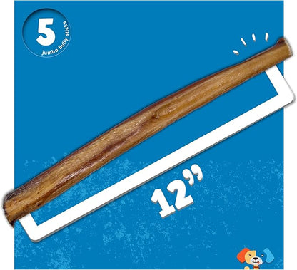 Jack&Pup 12 Inch Jumbo Bully Sticks for Dogs (5 Pack) Single Ingredient Dog Bully Sticks for Large Dogs and Aggressive Chewers