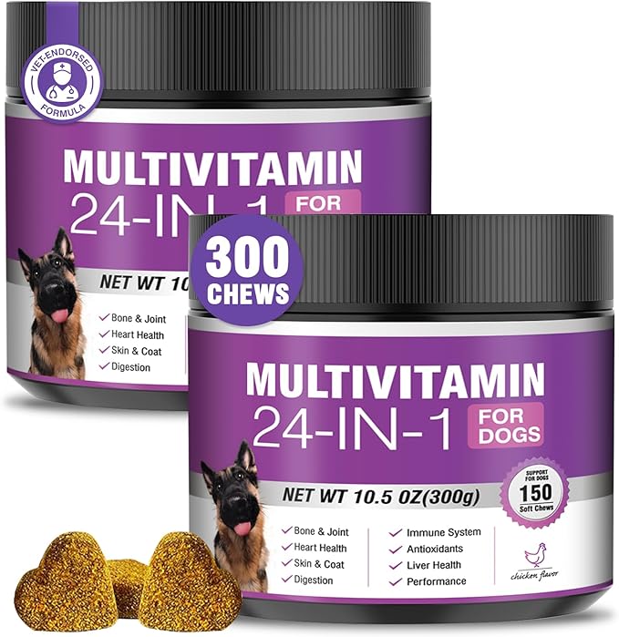 24-in-1 Dog Vitamins and Supplements 300 Ct Dogs Multivitamin Chewable Contain Chondroitin Probiotics Omega-3 Glucosamine for Dogs Skin Coat Heart Joint Gut Liver Brain Eyes Immune Support - Chicken