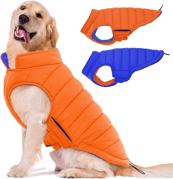 Lelepet Reversible Dog Coat Waterproof Dog Jacket Windproof Puffer Vest for Winter Warm Lightweight Coats for Large Dogs Adjustbale Hook & Loop Pet Apparel with Leash Hole, Pitbull, Orange, XL