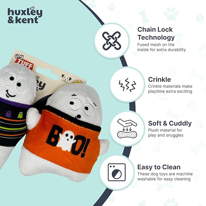 Huxley & Kent Halloween Funny Dog Toy w/Squeaker – Power Plush Squeaky Dog Toys for Small Dogs – Durable Small Stuffed Animal for Indoor Play & Fetch - Tiny Tuff Boo Buddies 2pk