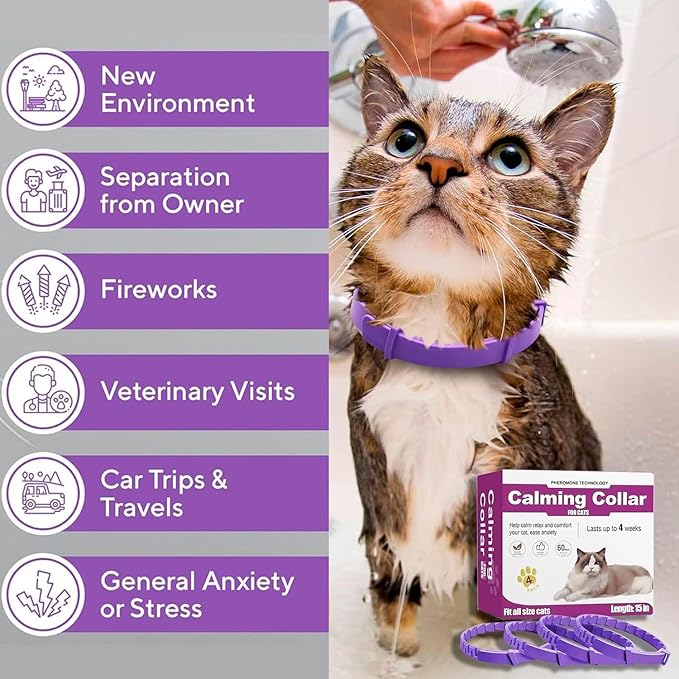Cat Calming Collar, 4-Pack Pheromone Collars for Cats – Adjustable 15″, 60-Day Lasting Stress & Anxiety Relief, Helps Reduce Noise Fear, Scratching & Separation Anxiety（Pruple）