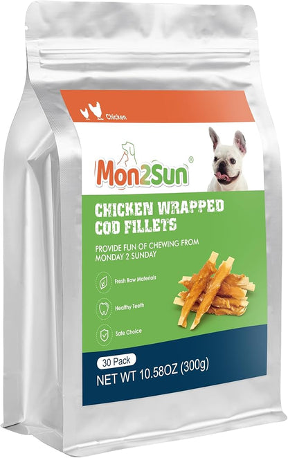 MON2SUN Rawhide Free Dog Treats, 4 Inch Chicken Wrapped Cod Fillet Dog Snacks for Small Dogs, Soft and Training Treats, 10.58oz (30 Count-Pack of 1)