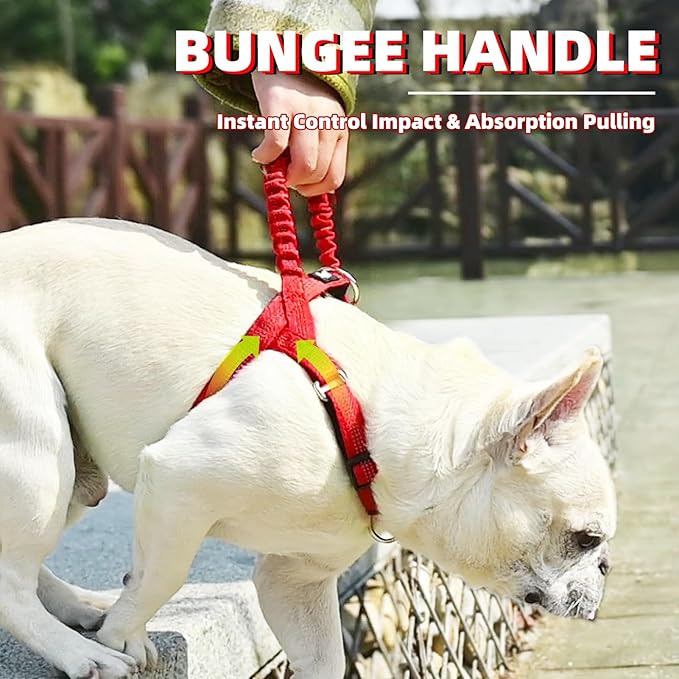 PUPTECK No Pull Dog Harness for Large Dogs, Adjustable Reflective Pet Vest Harness with Bungee Handle, Escape Proof No Choke Harness for Large Dogs Walking Training, Red L