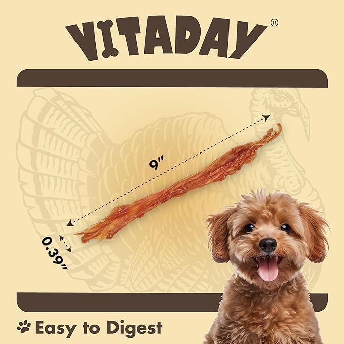 VITADAY Turkey Tendons for Dogs, All Natural, Healthy Dog Treats, Long Lasting, Hypoallergenic Dog Chews, Rawhide Free, USA-Sourced, for Small Dogs, Strips, 3 oz Pack