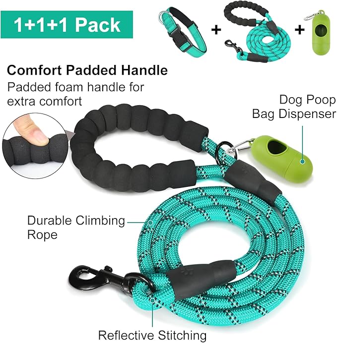 Dynmeow Reflective Dog Collar and Leash Set, 6FT Strong Climbing Rope Leash with Padded Handle, Adjustable Pet Collar with Soft Neoprene Padding for Small Medium Dogs, Teal, S