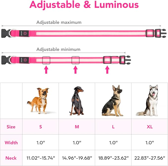 Vizpet LED Dog Collar, Light Up Dog Collar Adjustable USB Rechargeable Super Bright Safety Light Glowing Collars for Dogs (X-Large, Pink)