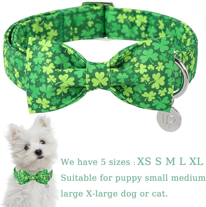 St. Patrick's Day Dog Collar with Bow Tie, Lucky Shamrock Bowtie Collar Adjustable for Girl Boy Dog, Trefoil Dogs Collars Durable, Spring Green Collars for Dogs, XL, Neck 16-26in