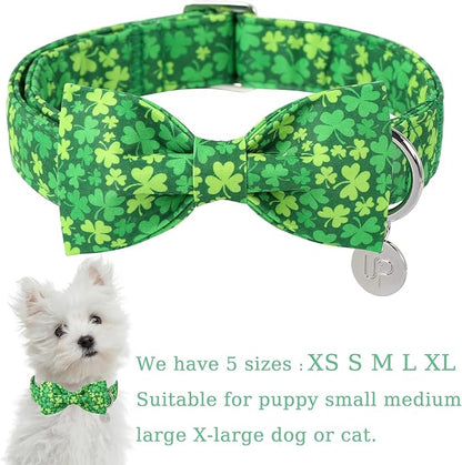 St. Patrick's Day Dog Collar with Bow Tie, Lucky Shamrock Bowtie Collar Adjustable for Girl Boy Dog, Trefoil Dogs Collars Durable, Spring Green Collars for Dogs, XL, Neck 16-26in