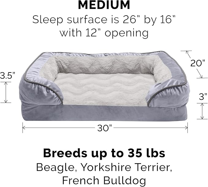 Furhaven Orthopedic Dog Bed for Medium/Small Dogs w/ Removable Bolsters & Washable Cover, For Dogs Up to 35 lbs - Plush & Velvet Waves Perfect Comfort Sofa - Granite Gray, Medium
