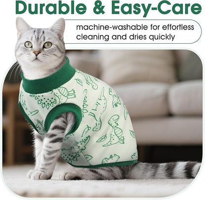 DENTRUN Sleeveless Cat Vest with Dinosaur Print, Breathable Ultra-Soft Dralon Fleece Cat Sweater, All-Season Pet Costume Apparel for Cats, Kitten Clothing for Indoor/Outdoor, Green, XS