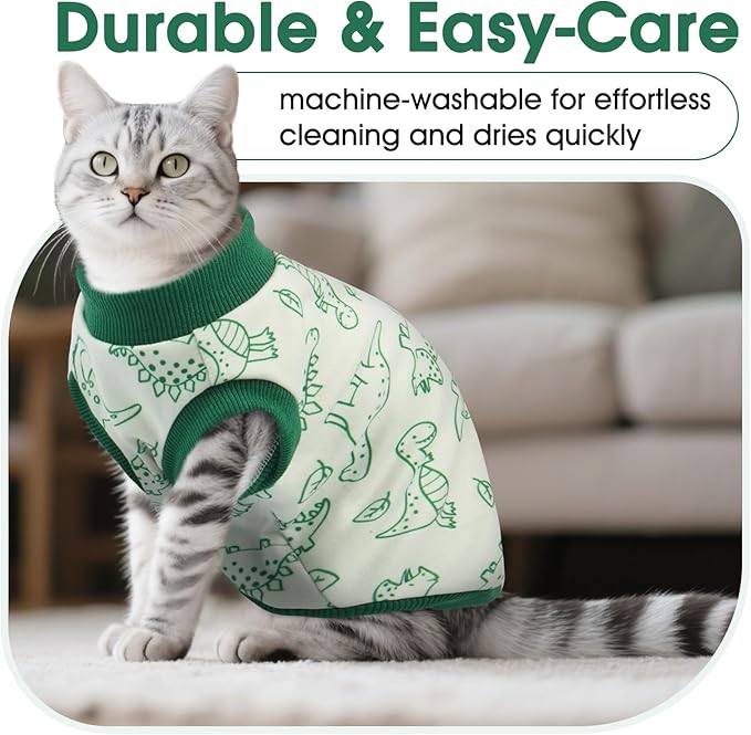 DENTRUN Sleeveless Cat Vest with Dinosaur Print, Breathable Ultra-Soft Dralon Fleece Cat Sweater, All-Season Pet Costume Apparel for Cats, Kitten Clothing for Indoor/Outdoor, Green, S