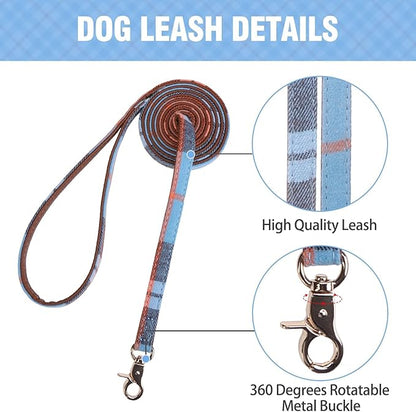 KOOLTAIL Small Boy Dog Collar and Leash Set with Bowtie and Bells - Male Puppy Collar and Leash with Classic Plaid Matching Pattern, Soft Leather Leashes for Small Dogs Boys,Shirt Collar Plaid