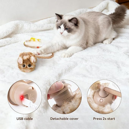 Migipaws Interactive MigiMouse Cat Toy 360° Rolling & Spin with Wiggling Tail for Indoor Cats Smart Motion Sensor, Realistic Squeak, Rechargeable Plush Kitten Toy(Brown Long)